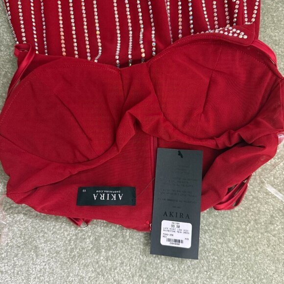 Akira Late Night Look Midi Rhinestone Mesh Dress - Red (XS) Brand New With Tags - Picture 8 of 11